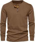 Men's long sleeve henley top with a three-button placket.