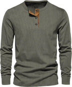 Men's long sleeve henley top with a three-button placket.