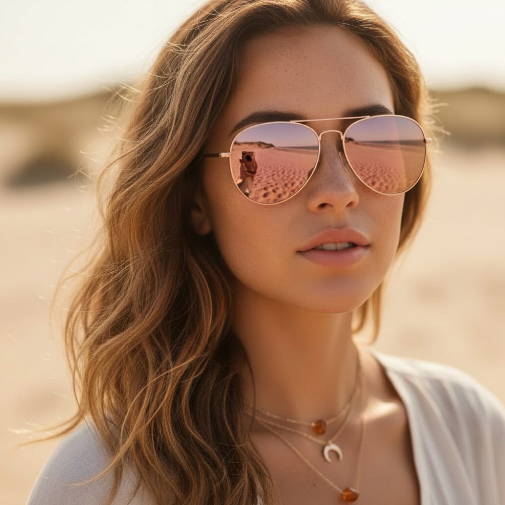 Sophie aviator sunglasses in silver with mirrored lenses and a lightweight metal frame. 1