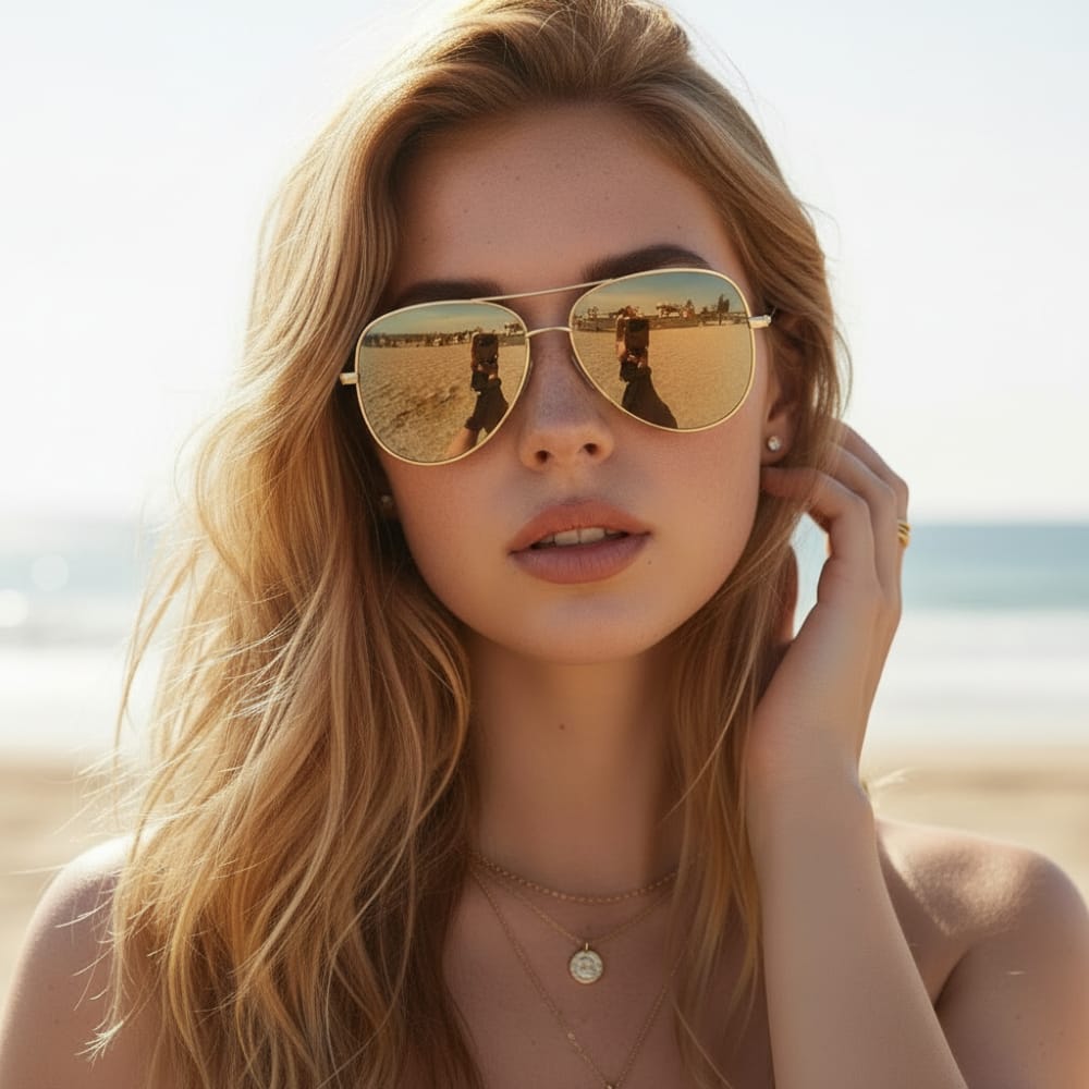 Sophie aviator sunglasses in silver with mirrored lenses and a lightweight metal frame. 2