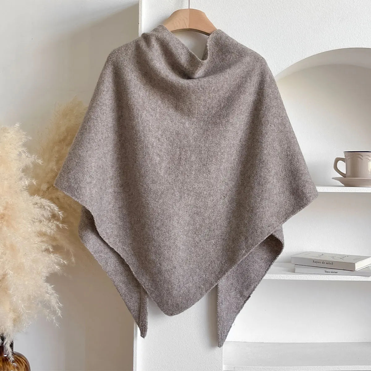 Sterre knitted triangle shawl, light grey, on hanger