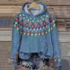 Blue lightweight knit hoodie for women with a colourful jacquard yoke.