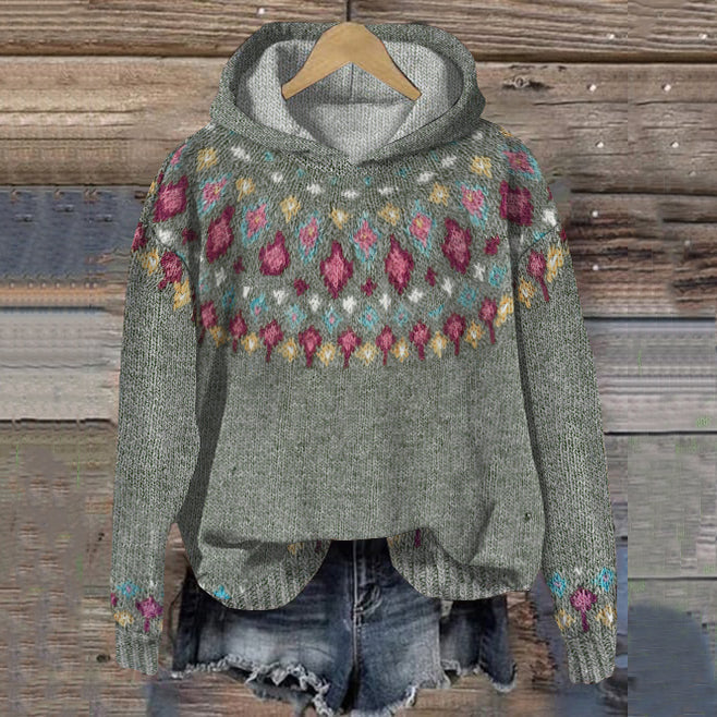 Lightweight knit hoodie for women with a colourful jacquard yoke.