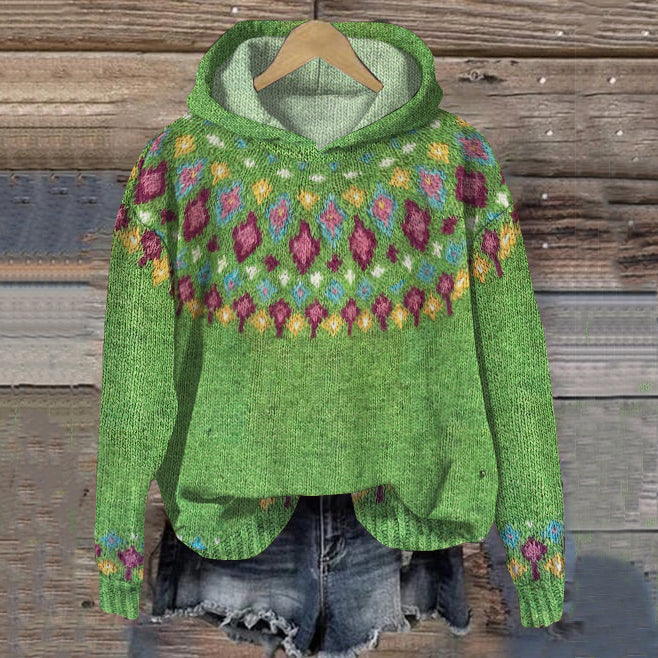 Lightweight knit hoodie for women with a colourful jacquard yoke.
