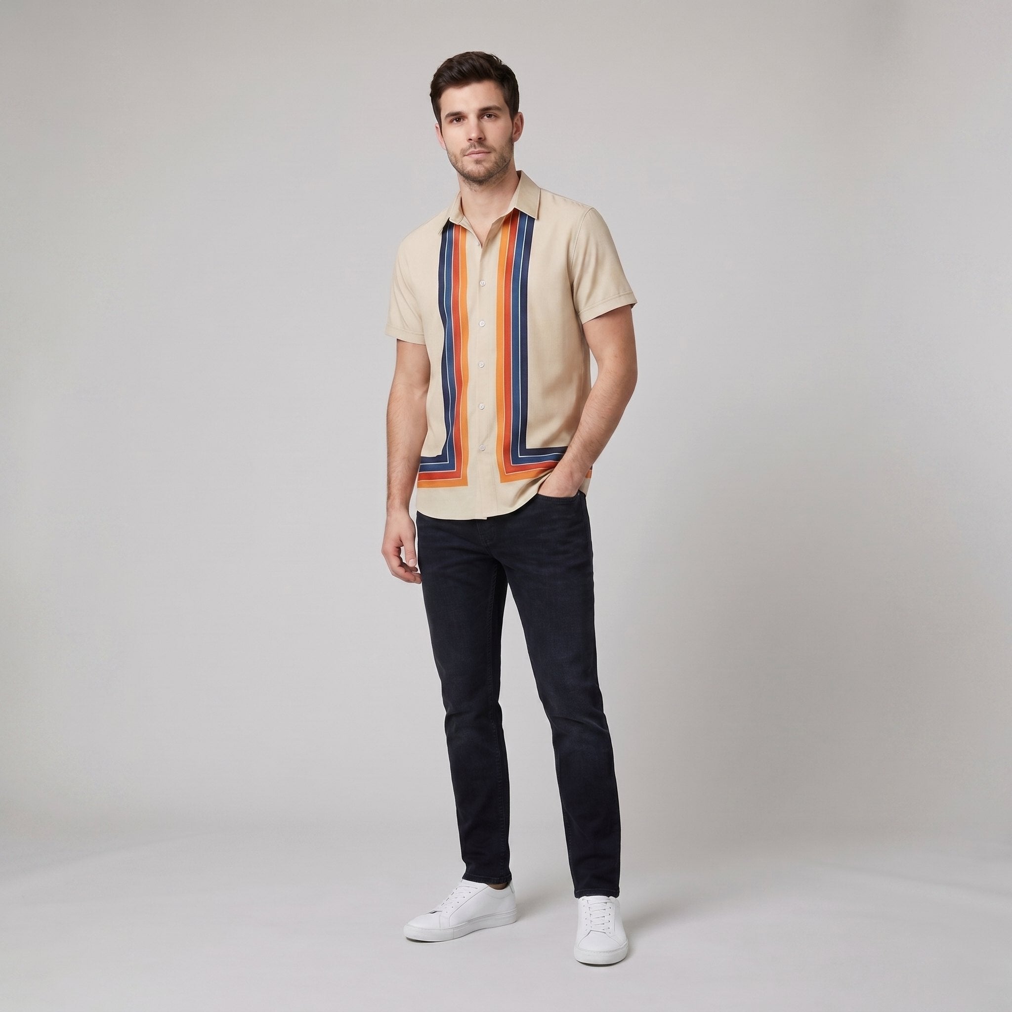 Light blue cotton short-sleeve shirt with a relaxed fit and retro stripe pattern. 0