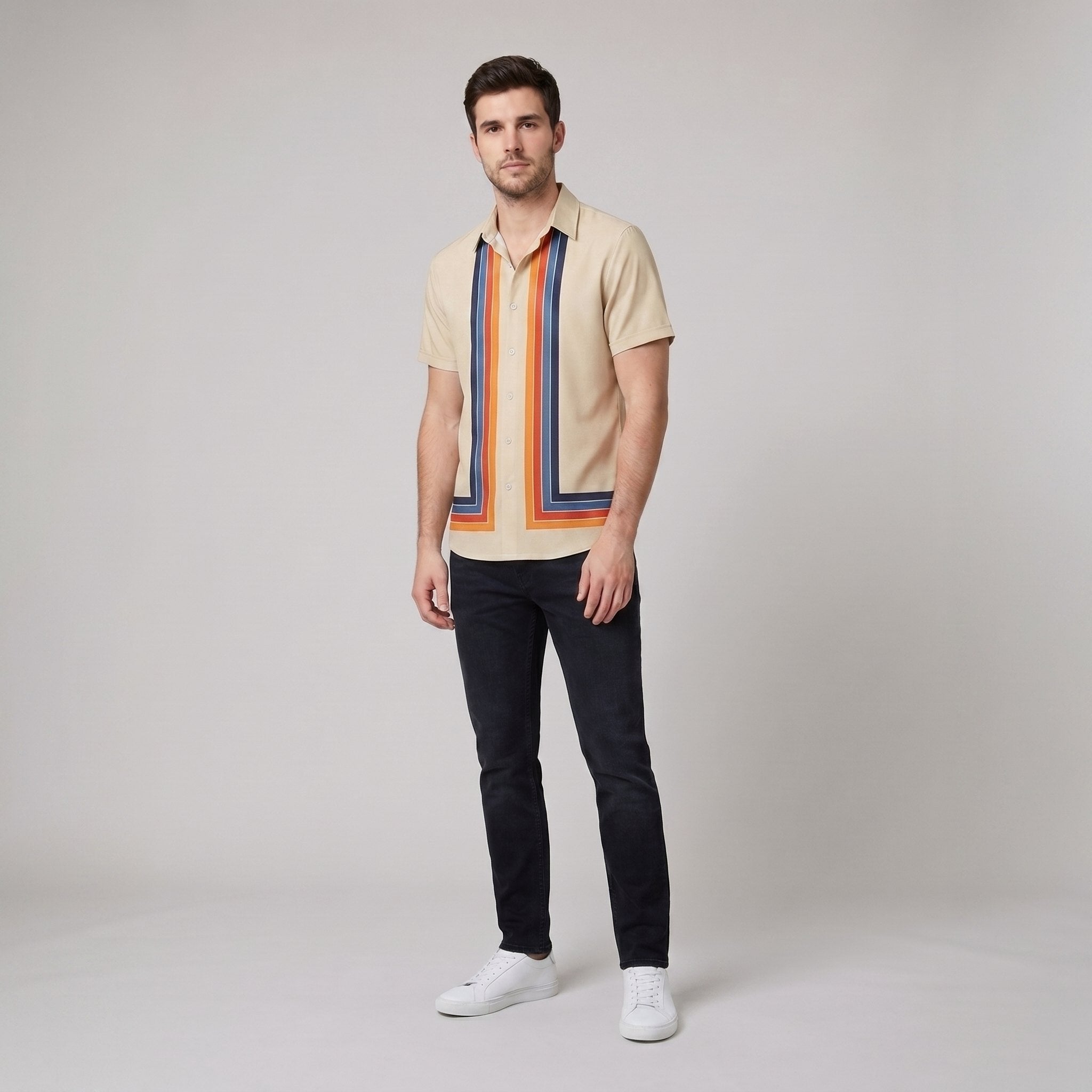 Light blue cotton short-sleeve shirt with a relaxed fit and retro stripe pattern. 1