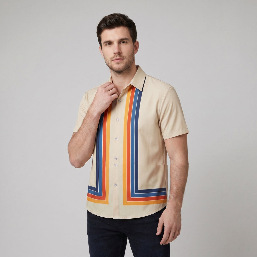 Light blue cotton short-sleeve shirt with a relaxed fit and retro stripe pattern. 2