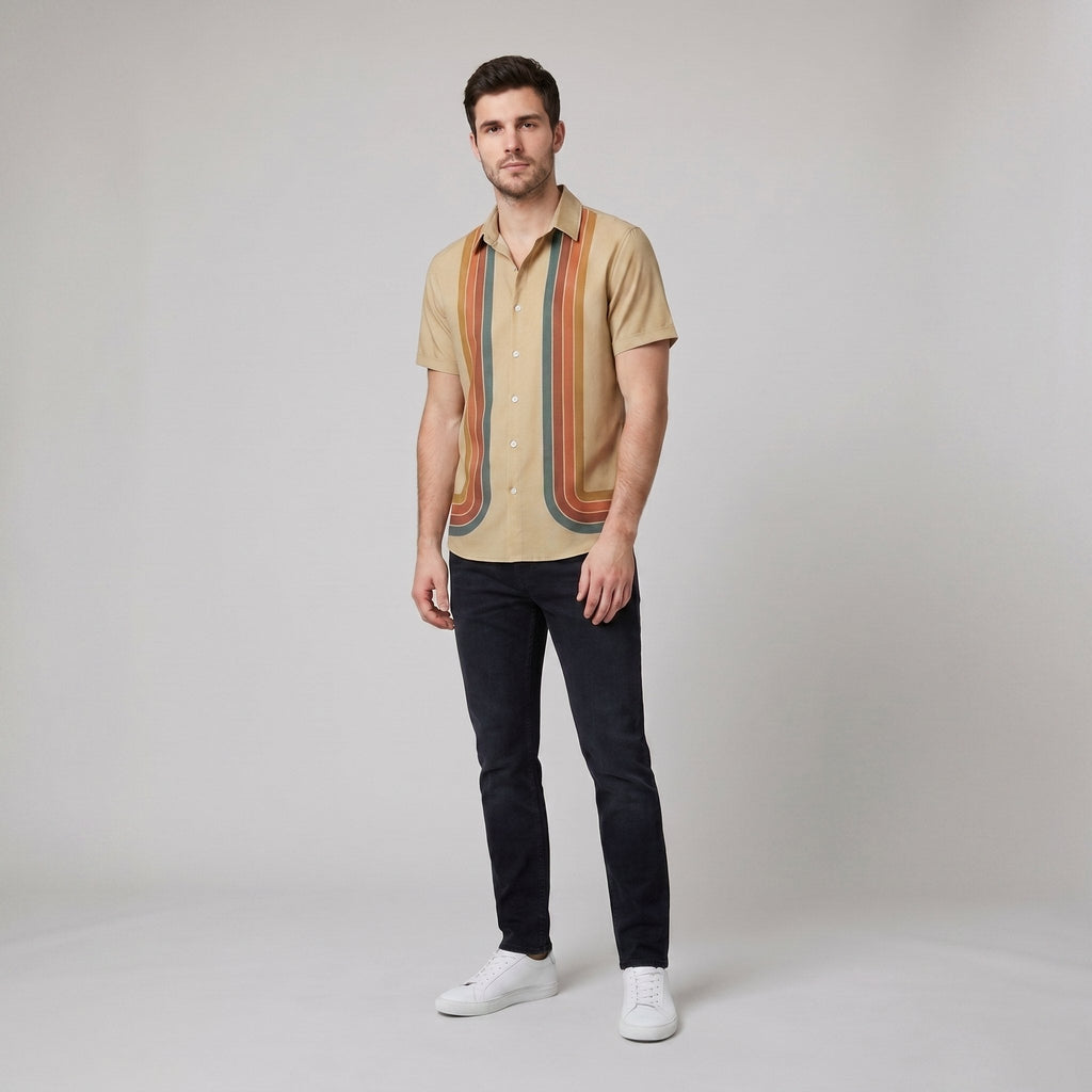 Light blue cotton short-sleeve shirt with a relaxed fit and retro stripe pattern. 3