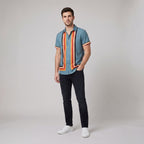 Light blue cotton short-sleeve shirt with a relaxed fit and retro stripe pattern. 5