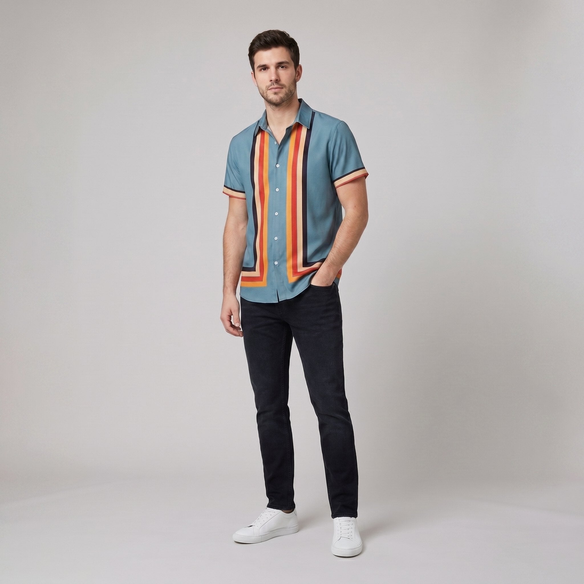 Light blue cotton short-sleeve shirt with a relaxed fit and retro stripe pattern. 5