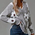 Trie floral applique v-neck sweater, gray, front view