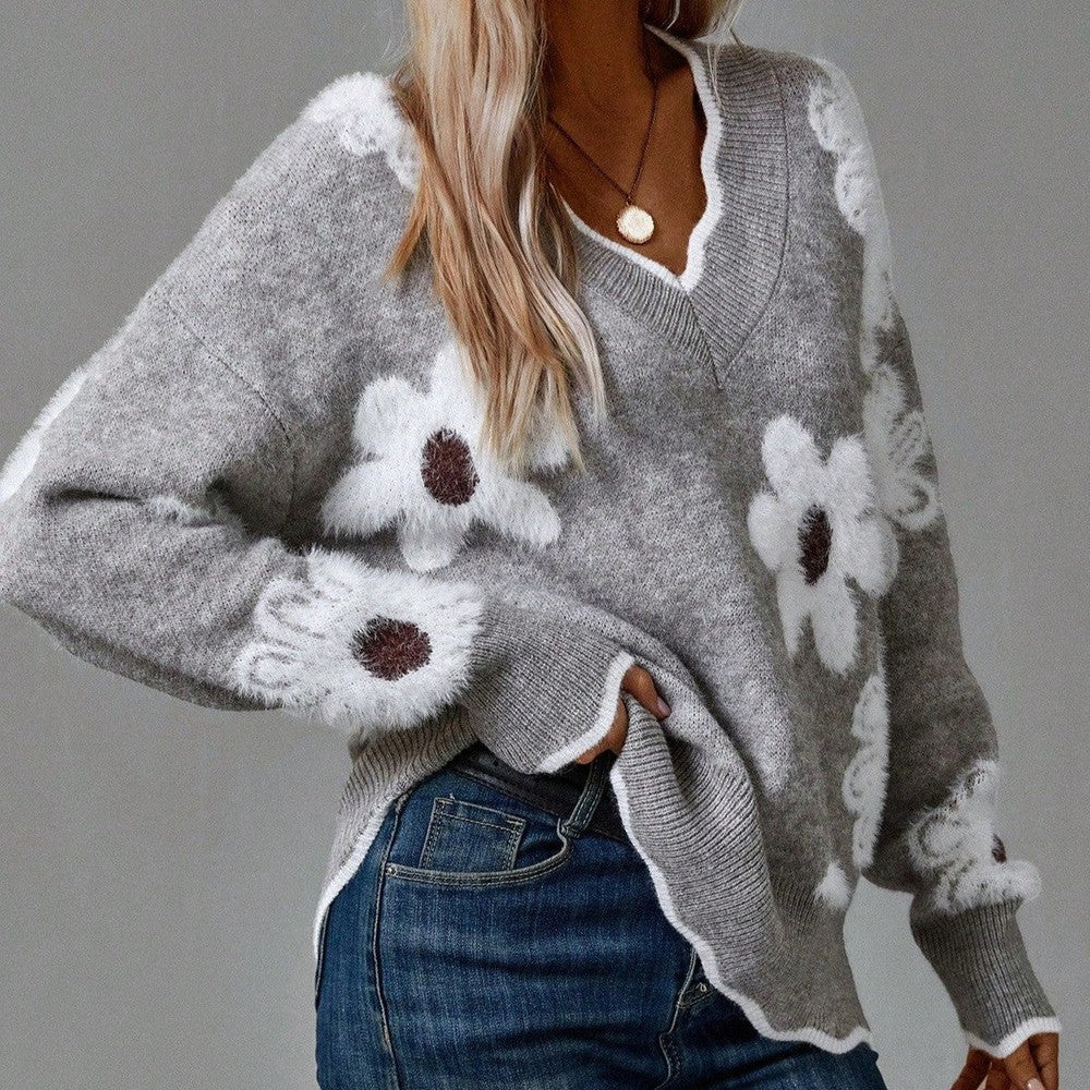Trie floral applique v-neck sweater, gray, front view