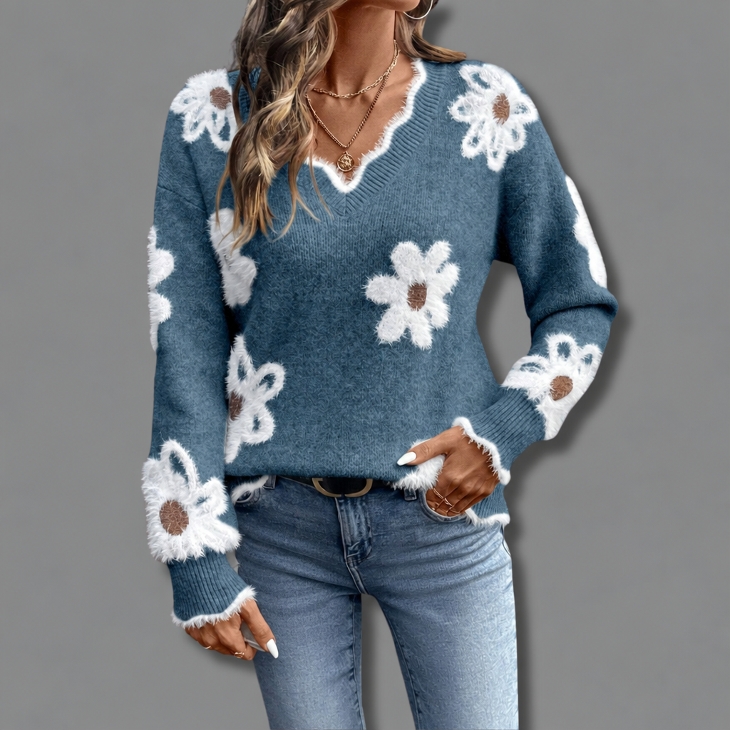 Trie floral applique v-neck sweater, gray, worn with jeans
