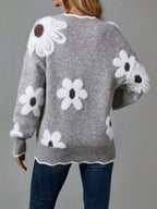 Trie floral applique v-neck sweater, gray, full length