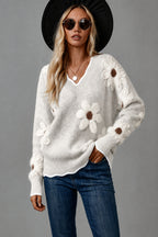Trie floral applique v-neck sweater, gray, sleeve detail