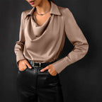 Samantha | Women’s Drape Neck Long Sleeve Satin Blouses