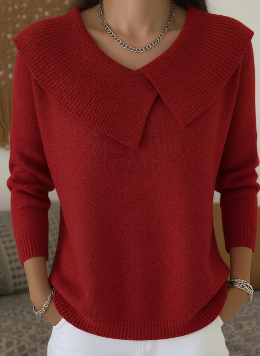 Valenne ribbed sweater with wide folded collar, wine red, front view