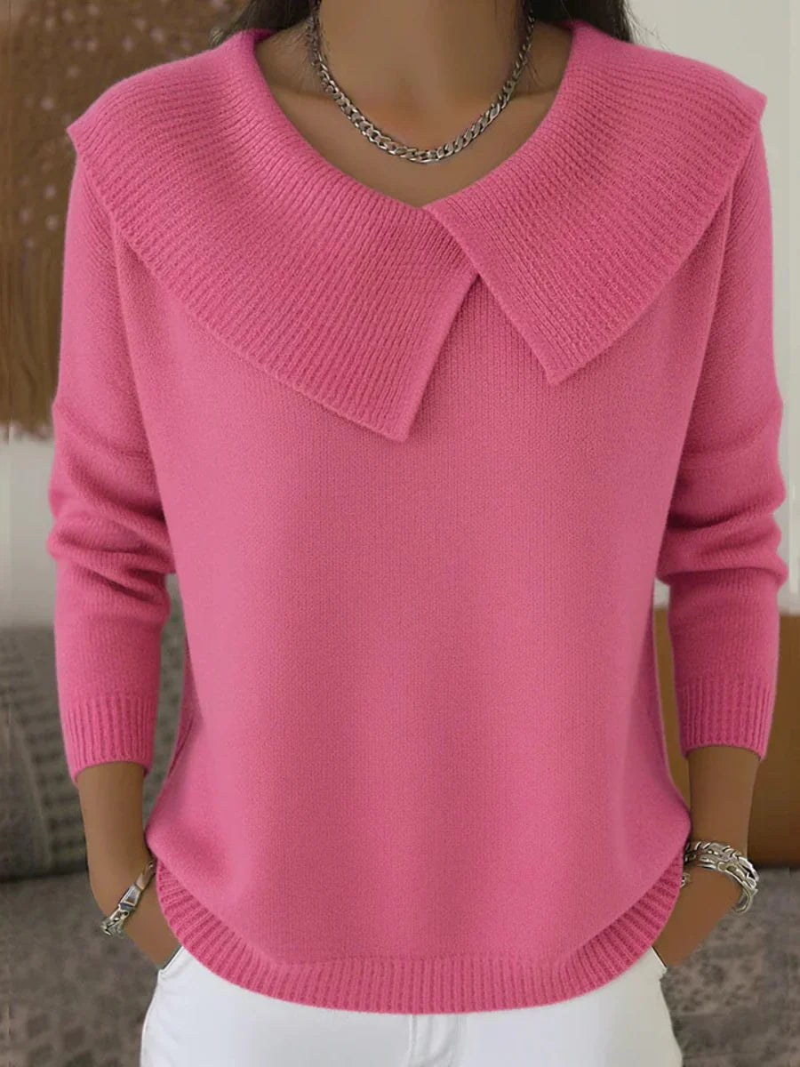 Valenne ribbed sweater with wide folded collar, pink, front view