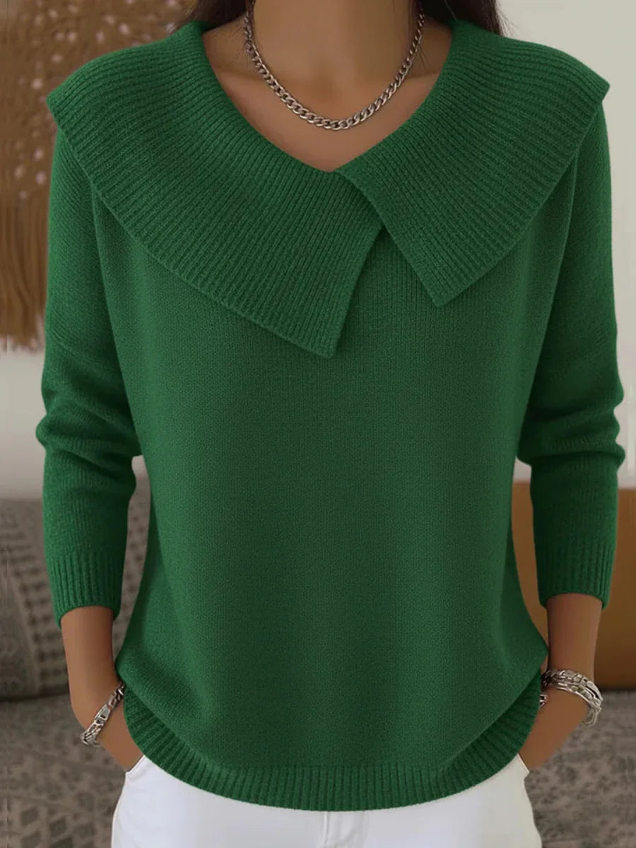 Valenne ribbed sweater with wide folded collar, green, front view