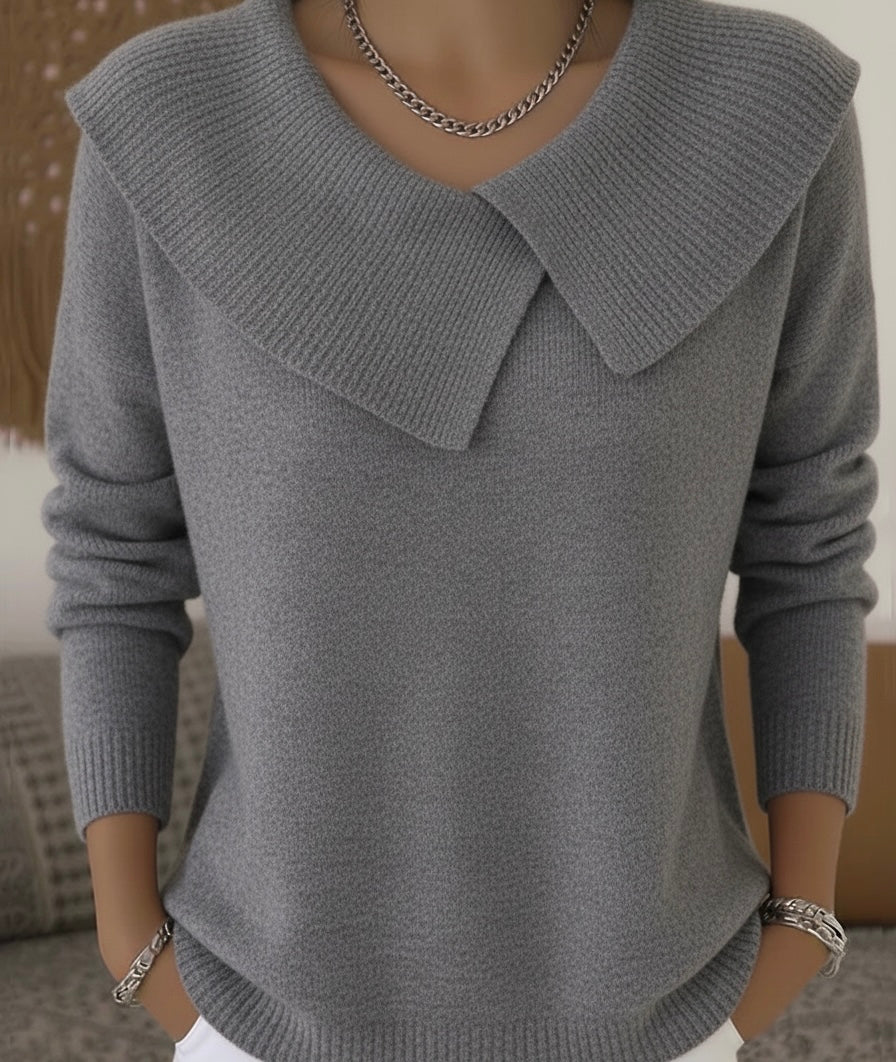 Valenne ribbed sweater with wide folded collar, gray, front view