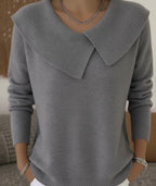 Valenne ribbed sweater with wide folded collar, gray, front view