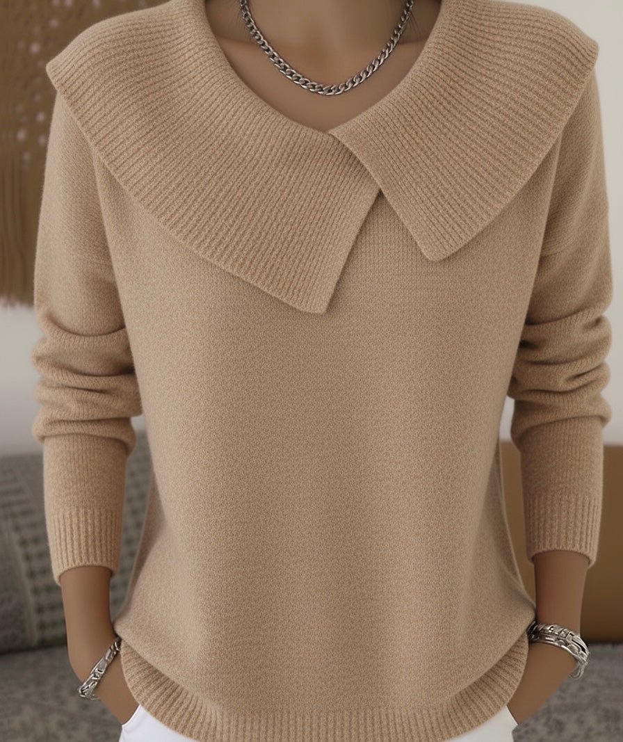 Valenne ribbed sweater with wide folded collar, beige, front view