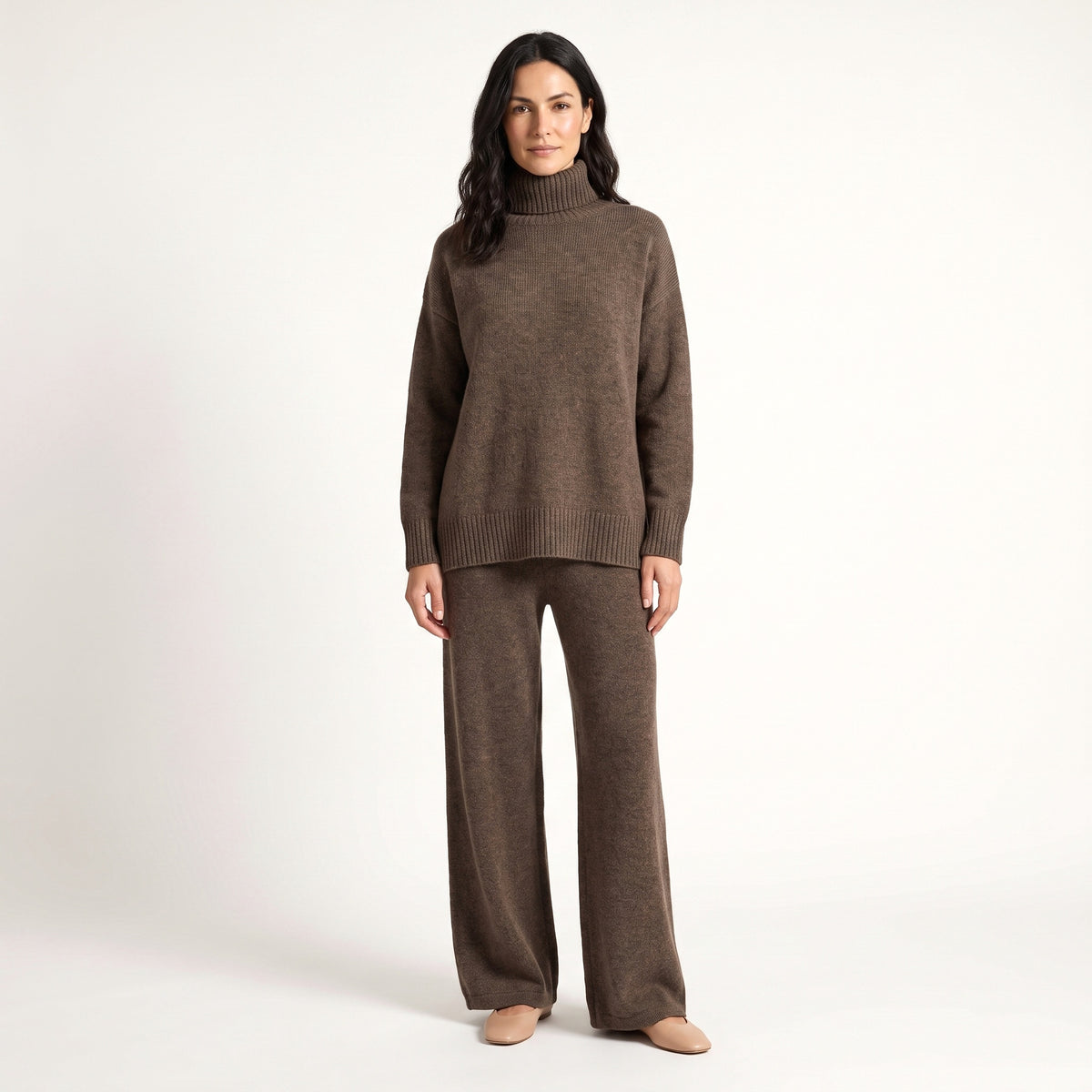 Veerle soft knit turtleneck lounge set, brown