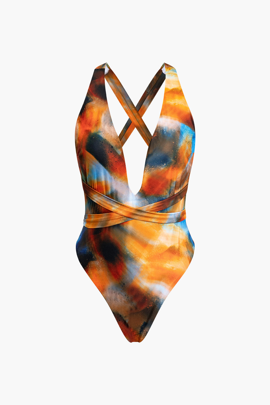 Colorful 2-piece swimsuit set with a unique print and matching sarong skirt in a trendy, modern style. 1