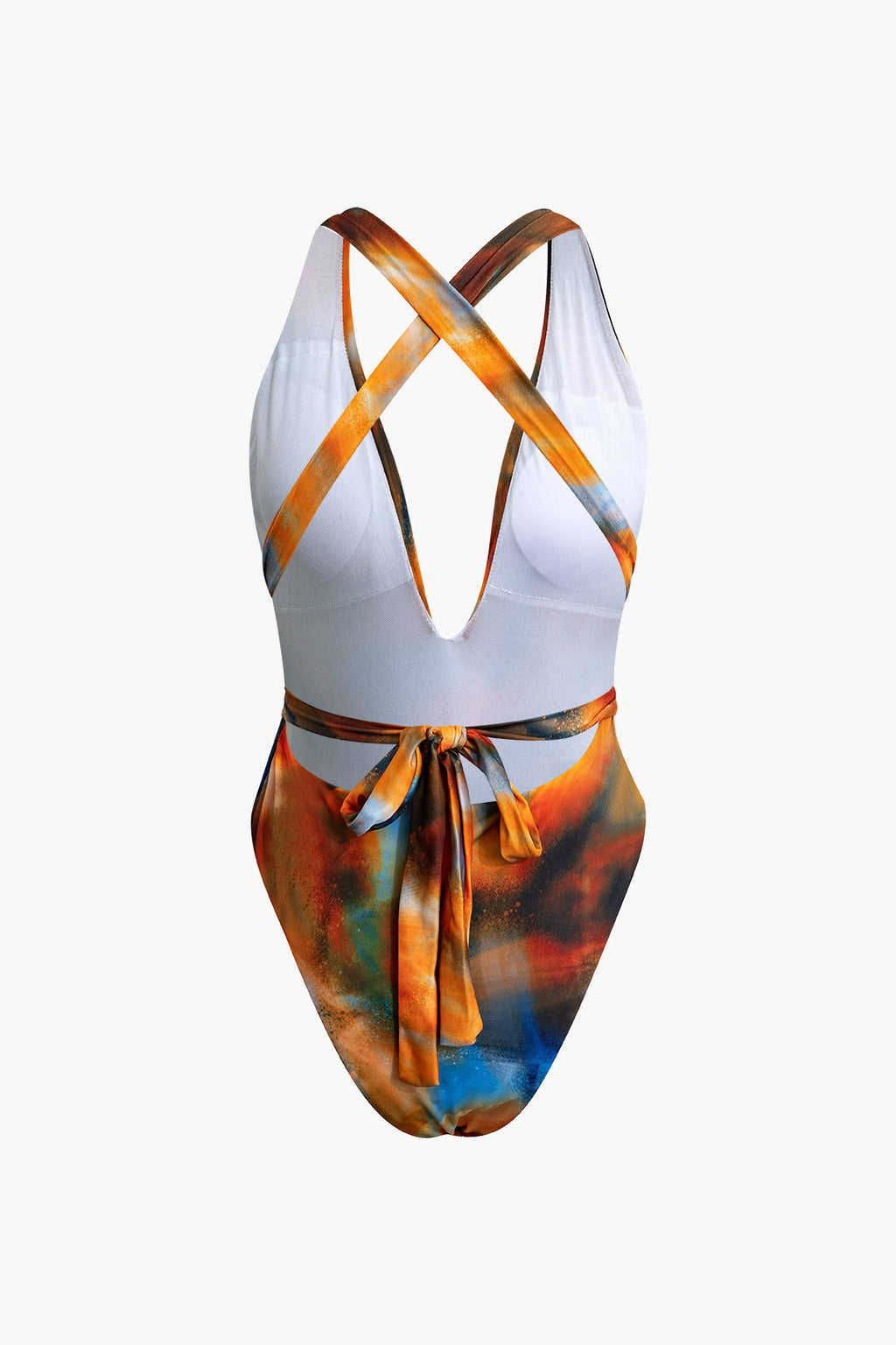 Colorful 2-piece swimsuit set with a unique print and matching sarong skirt in a trendy, modern style. 3