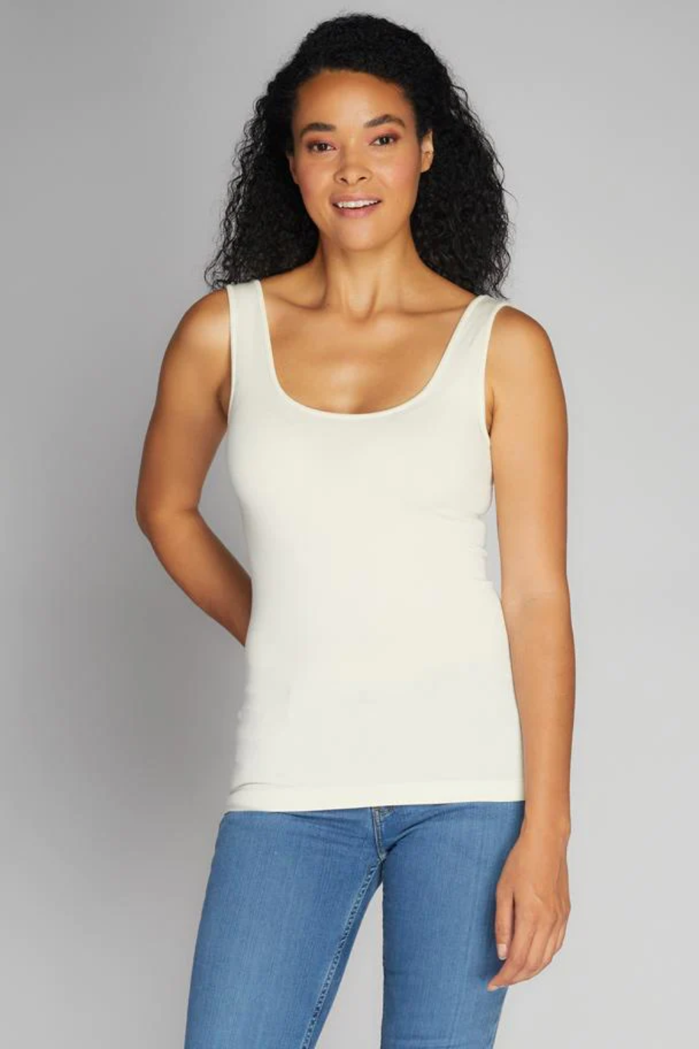 Light gray bamboo blend tank top with wide straps, featuring a relaxed and casual style for everyday wear. 0