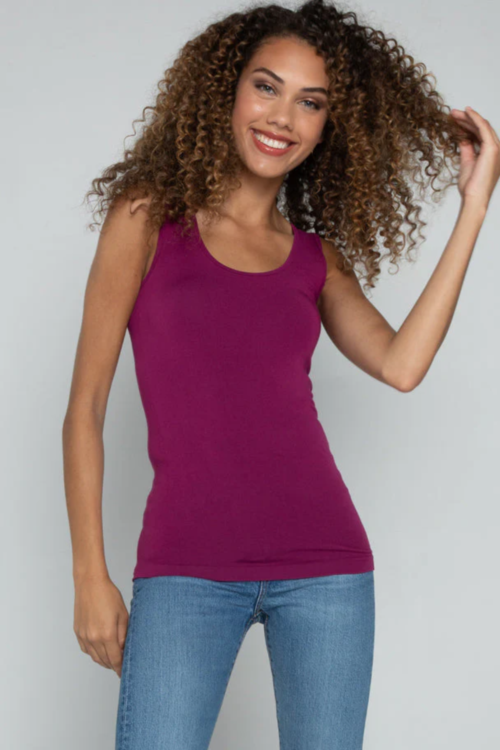 Light gray bamboo blend tank top with wide straps, featuring a relaxed and casual style for everyday wear. 10