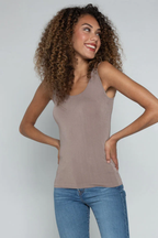 Light gray bamboo blend tank top with wide straps, featuring a relaxed and casual style for everyday wear. 3