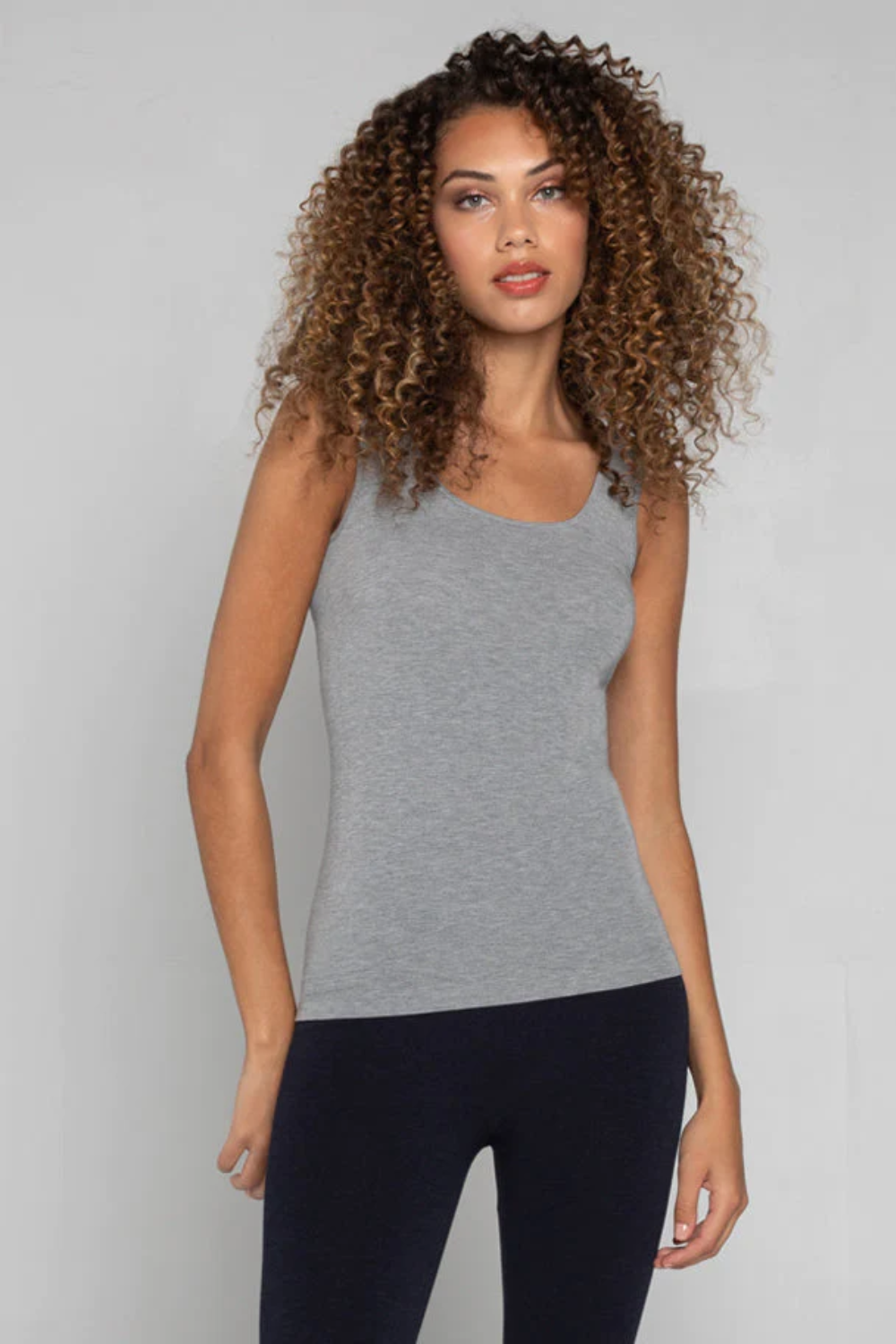 Light gray bamboo blend tank top with wide straps, featuring a relaxed and casual style for everyday wear. 5