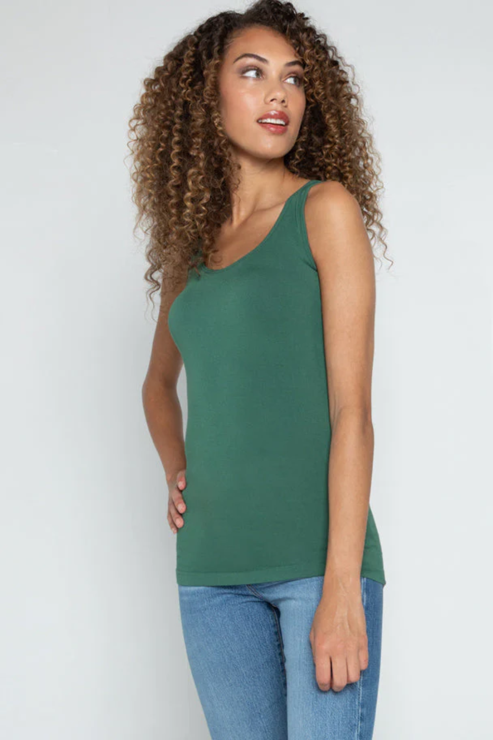 Light gray bamboo blend tank top with wide straps, featuring a relaxed and casual style for everyday wear. 7