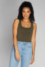 Light gray bamboo blend tank top with wide straps, featuring a relaxed and casual style for everyday wear. 8