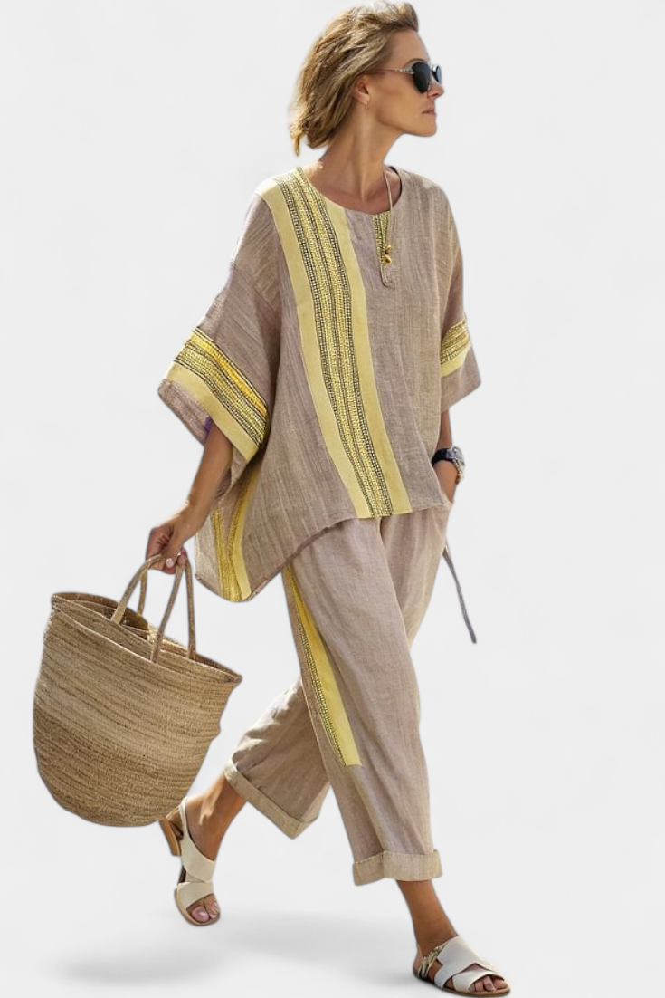 Lavender top paired with mustard striped oversized pants, creating a relaxed and chic casual outfit for women. 5
