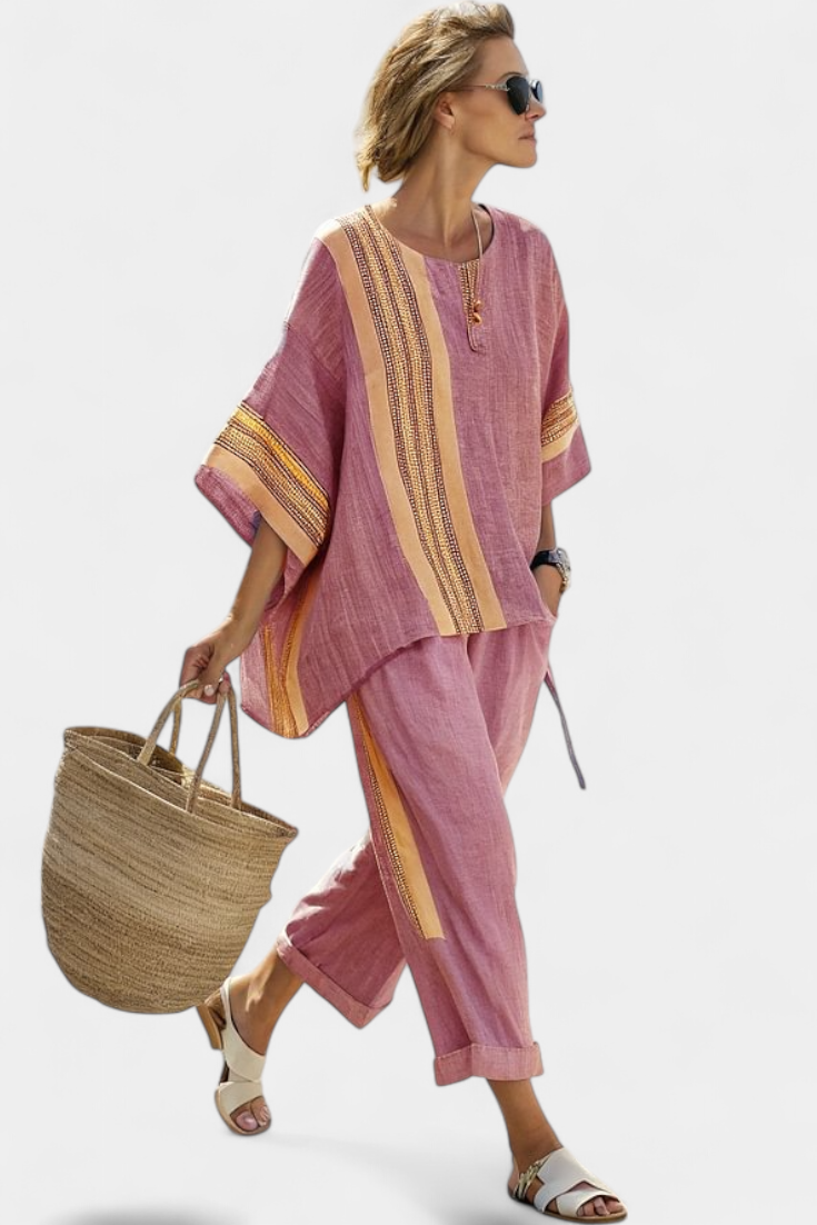 Lavender top paired with mustard striped oversized pants, creating a relaxed and chic casual outfit for women. 6