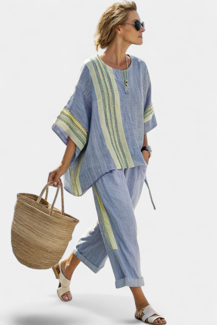 Lavender top paired with mustard striped oversized pants, creating a relaxed and chic casual outfit for women. 7