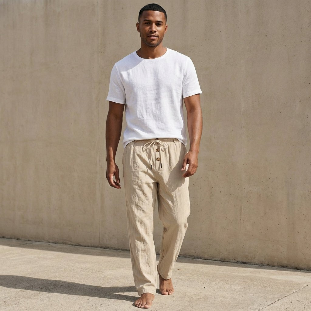 Light blue linen wide leg pants with a relaxed, bohemian style. 1