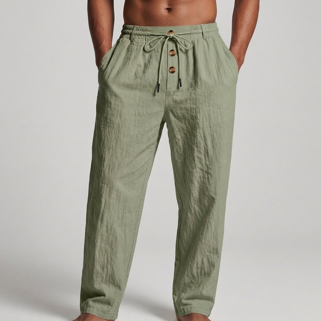 Light blue linen wide leg pants with a relaxed, bohemian style. 2