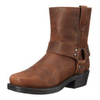 Brown men's harness boot with a strap and ring detail and a square toe.