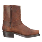 Men's harness boot with a strap and ring detail and a square toe.