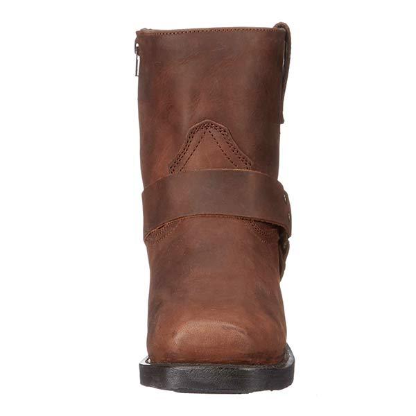 Men's harness boot with a strap and ring detail and a square toe.