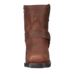 Men's harness boot with a strap and ring detail and a square toe.