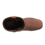 Men's harness boot with a strap and ring detail and a square toe.