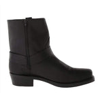 Black men's harness boot with a side zip and stacked block heel.