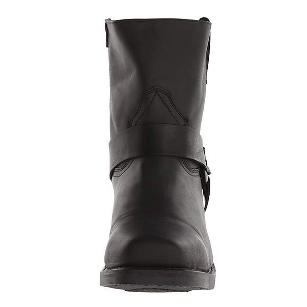 Men's harness boot with a strap and ring detail and a square toe.