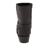 Men's harness boot with a strap and ring detail and a square toe.