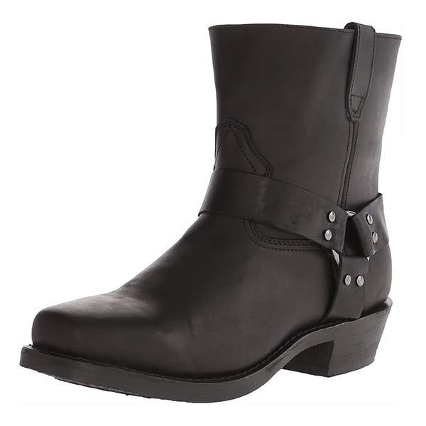 Men's harness boot with a strap and ring detail and a square toe.