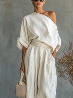 Livy | Off-white Off-shoulder Loose Casual Top And Tapered Pants Set